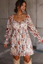 White floral print sweetheart neck long sleeve high waist mini dress by Dear-Lover, featuring a feminine floral design and fitted silhouette.