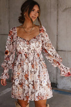 White floral print sweetheart neck long sleeve high waist mini dress by Dear-Lover, showcasing a stylish floral dress with elegant design.
