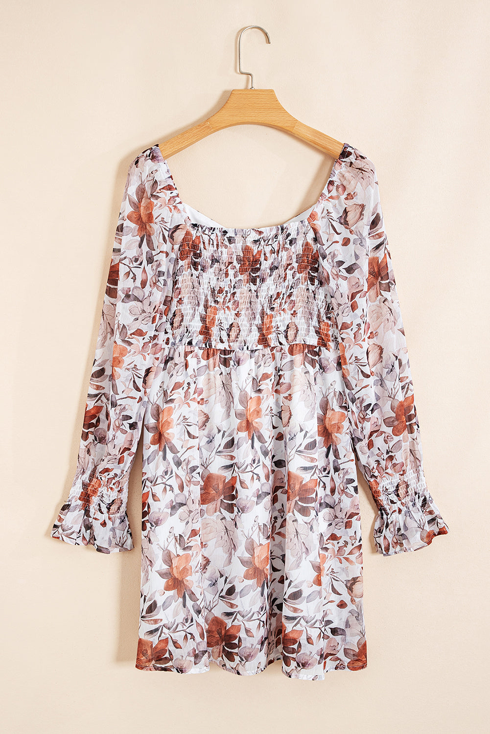 White floral print sweetheart neck long sleeve high waist mini dress from Dear-Lover, featuring a fitted silhouette and elegant design.
