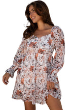 White floral print sweetheart neckline long sleeve mini dress by Dear-Lover, high waist, lightweight polyester, perfect for spring.