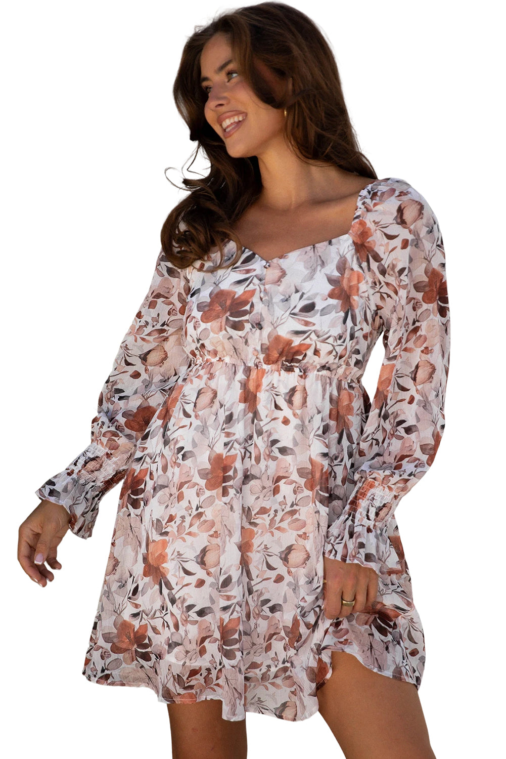 White floral print sweetheart neckline long sleeve mini dress by Dear-Lover, high waist, lightweight polyester, perfect for spring.