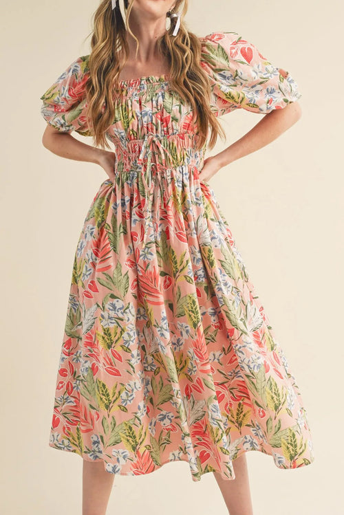 Apricot pink floral maxi dress with smocked bust and short bubble sleeves, designed by Dear-Lover Dropshipping.