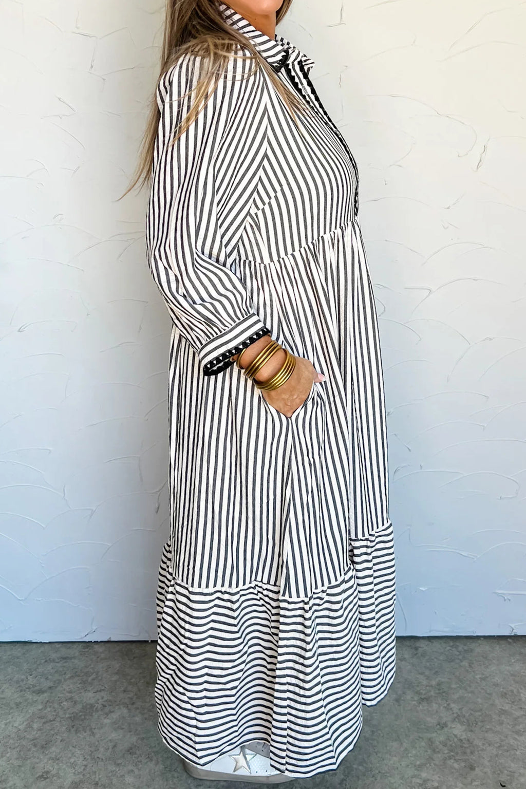 Black stripe maxi dress by Dear-Lover with scallop trim, shirt collar, half-button front, and 3/4 sleeves.