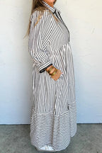 Black stripe maxi dress by Dear-Lover with scallop trim, shirt collar, half-button front, and 3/4 sleeves.