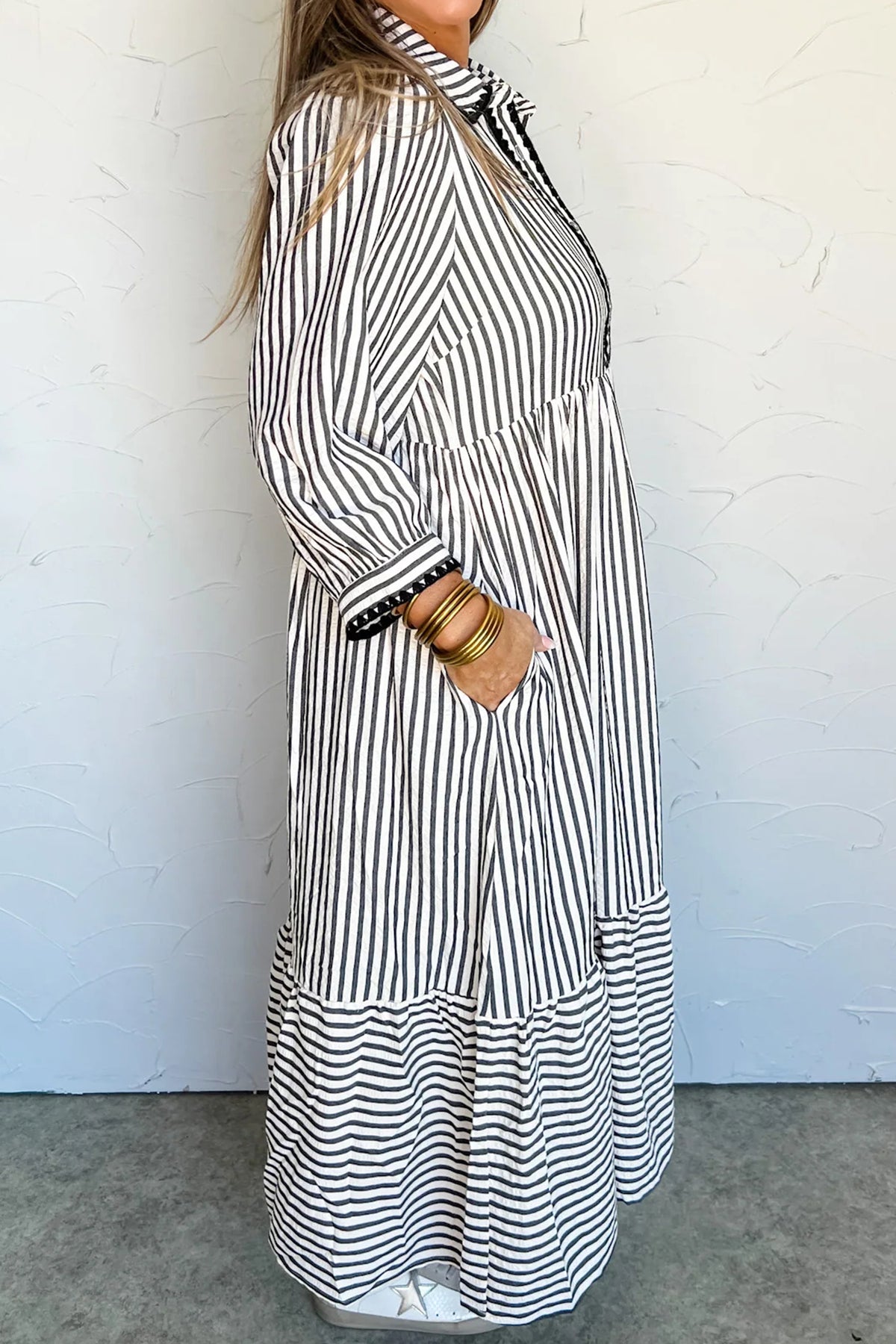 Black stripe maxi dress by Dear-Lover with scallop trim, shirt collar, half-button front, and 3/4 sleeves.