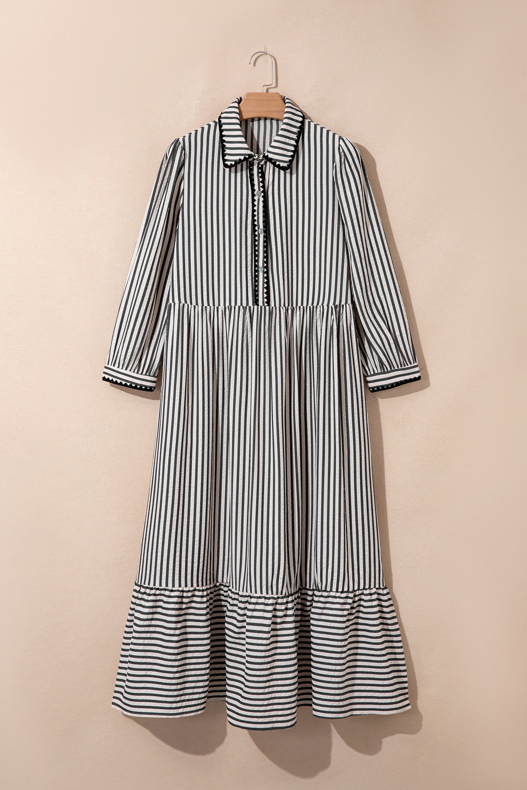 Black stripe maxi dress by Dear-Lover with scallop trim, shirt collar, half-button front, and 3/4 sleeves.