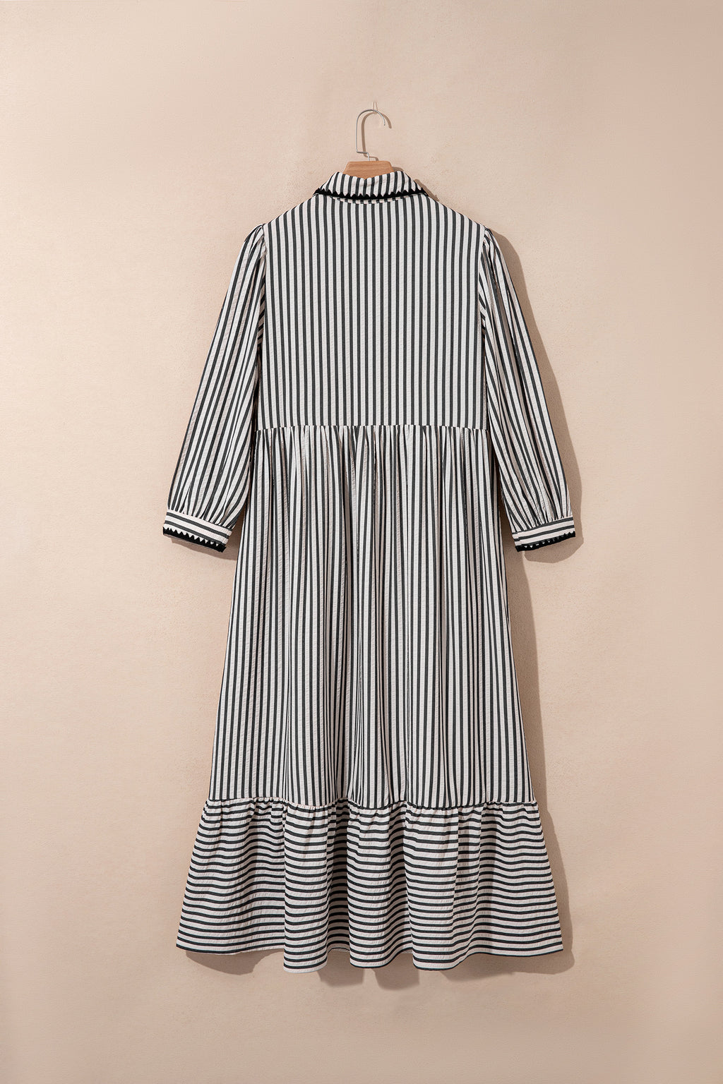 Black stripe maxi dress by Dear-Lover with scallop trim, shirt collar, half button, 3/4 sleeves, made of polyester and viscose.