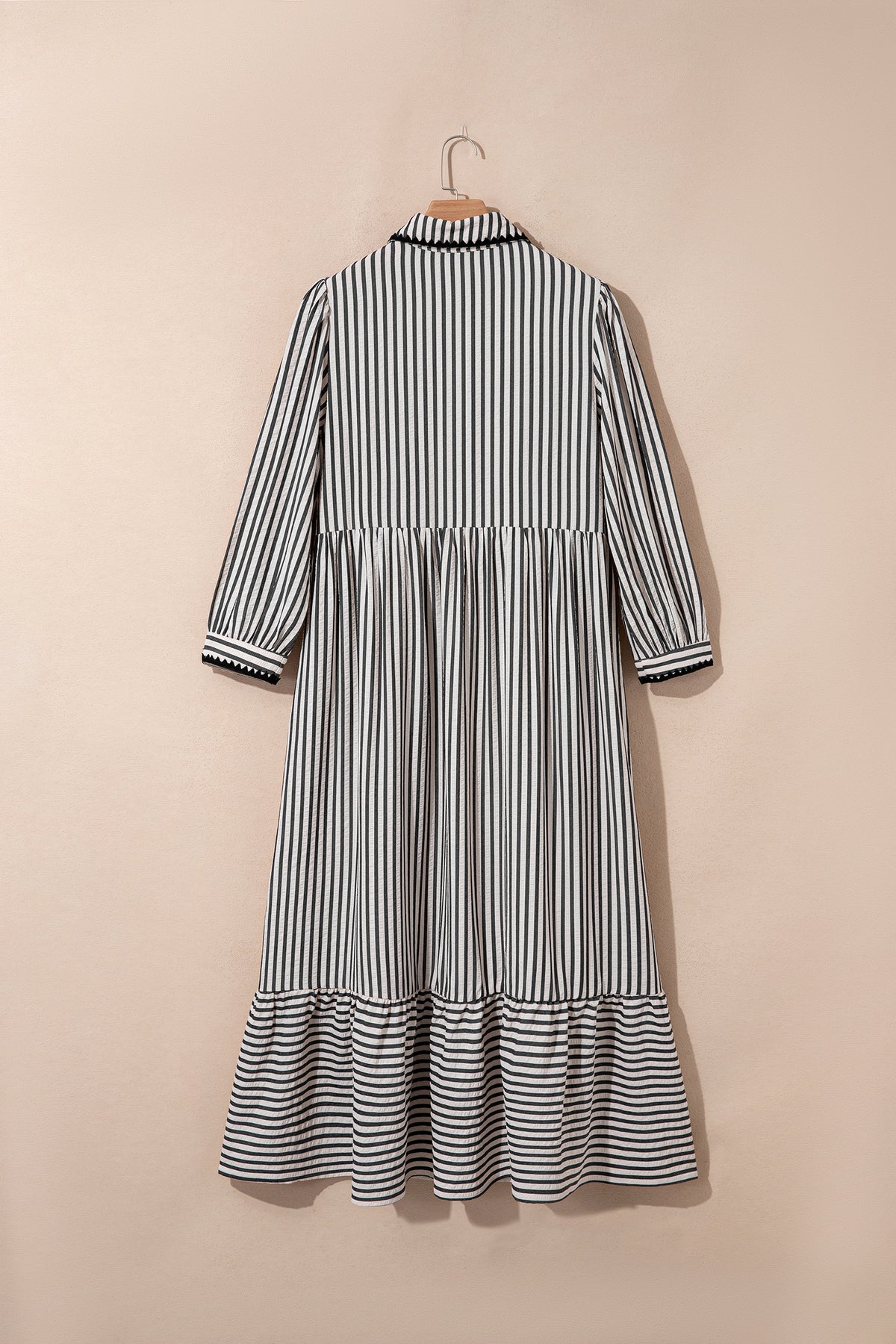 Black stripe maxi dress by Dear-Lover with scallop trim, shirt collar, half button, 3/4 sleeves, made of polyester and viscose.
