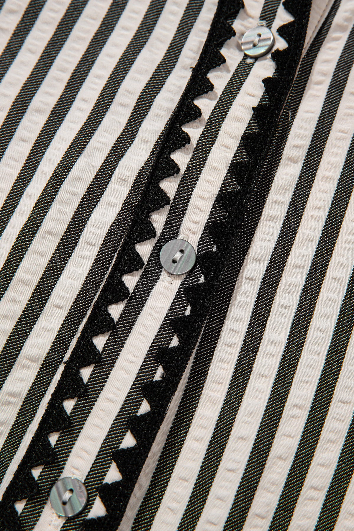 Black stripe maxi dress by Dear-Lover with scallop trim, shirt collar, half-button front, and 3/4 sleeves, made of polyester and viscose.