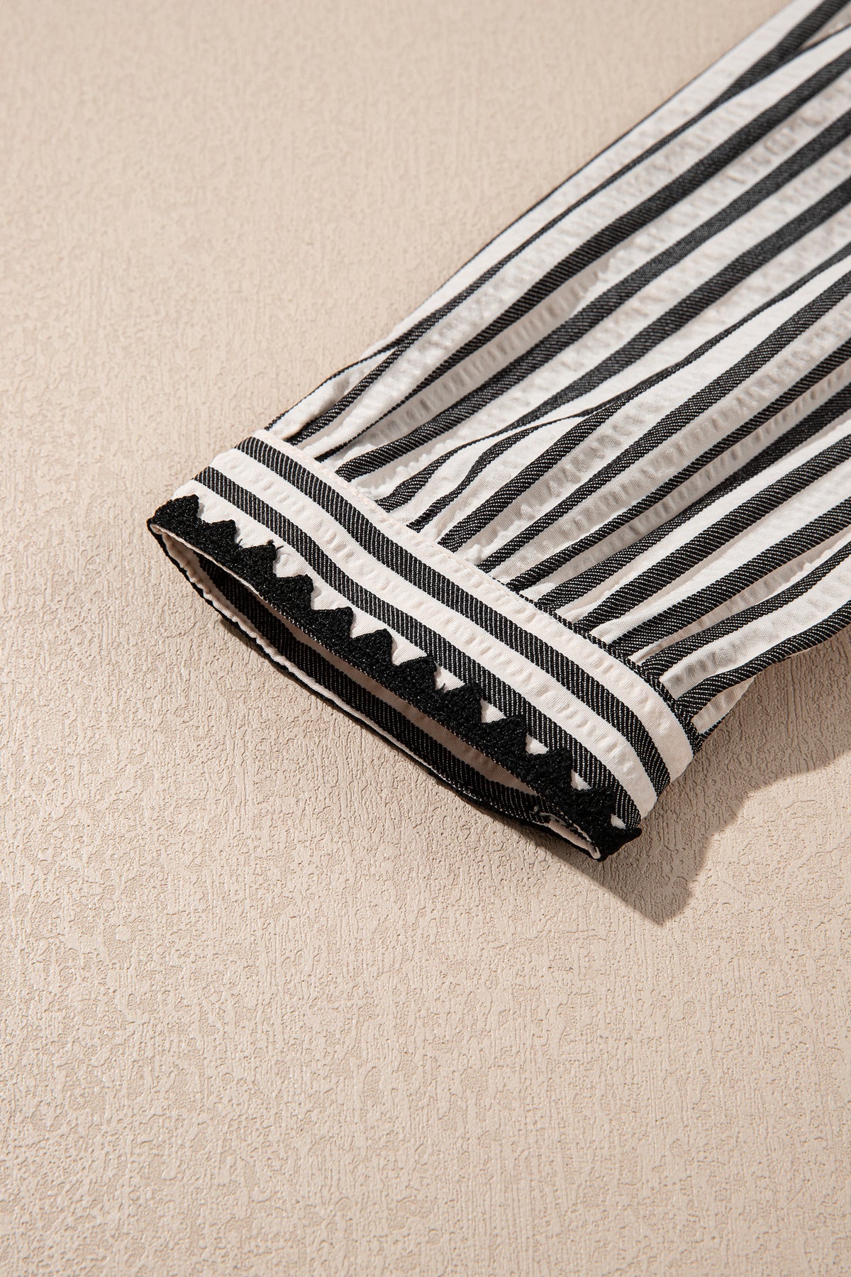 Black stripe maxi dress by Dear-Lover with scallop trim, shirt collar, half button, and 3/4 sleeves.