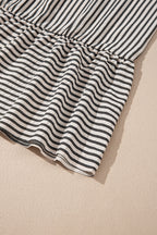 Black stripe maxi dress by Dear-Lover with scallop trim, shirt collar, half-button front, and 3/4 sleeves, made from polyester and viscose.