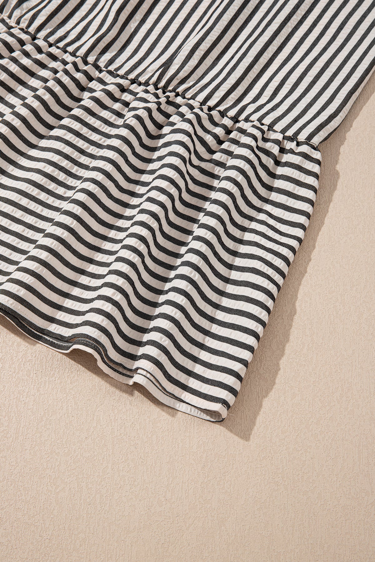 Black stripe maxi dress by Dear-Lover with scallop trim, shirt collar, half-button front, and 3/4 sleeves, made from polyester and viscose.