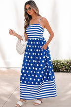 Blue striped polka dot patchwork maxi dress with high waist and spaghetti straps by Dear-Lover Dropshipping, made of lightweight polyester.