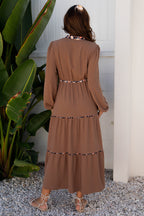 Chestnut floral patchwork maxi dress with notched neck and long sleeves, stylish Dear-Lover dress for elegant occasions.