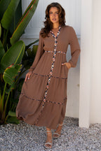 Chestnut floral patchwork maxi dress with notched neck and long sleeves, made by Dear-Lover for elegant, comfortable style.