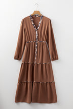 Chestnut floral patchwork maxi dress by Dear-Lover with notched collar and long sleeves, made of 100% polyester.