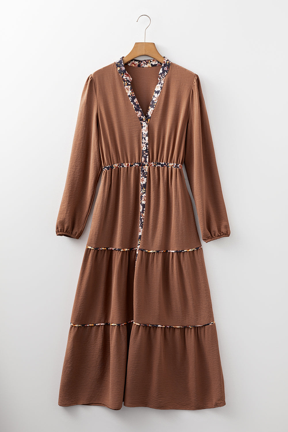 Chestnut floral patchwork maxi dress by Dear-Lover with notched collar and long sleeves, made of 100% polyester.