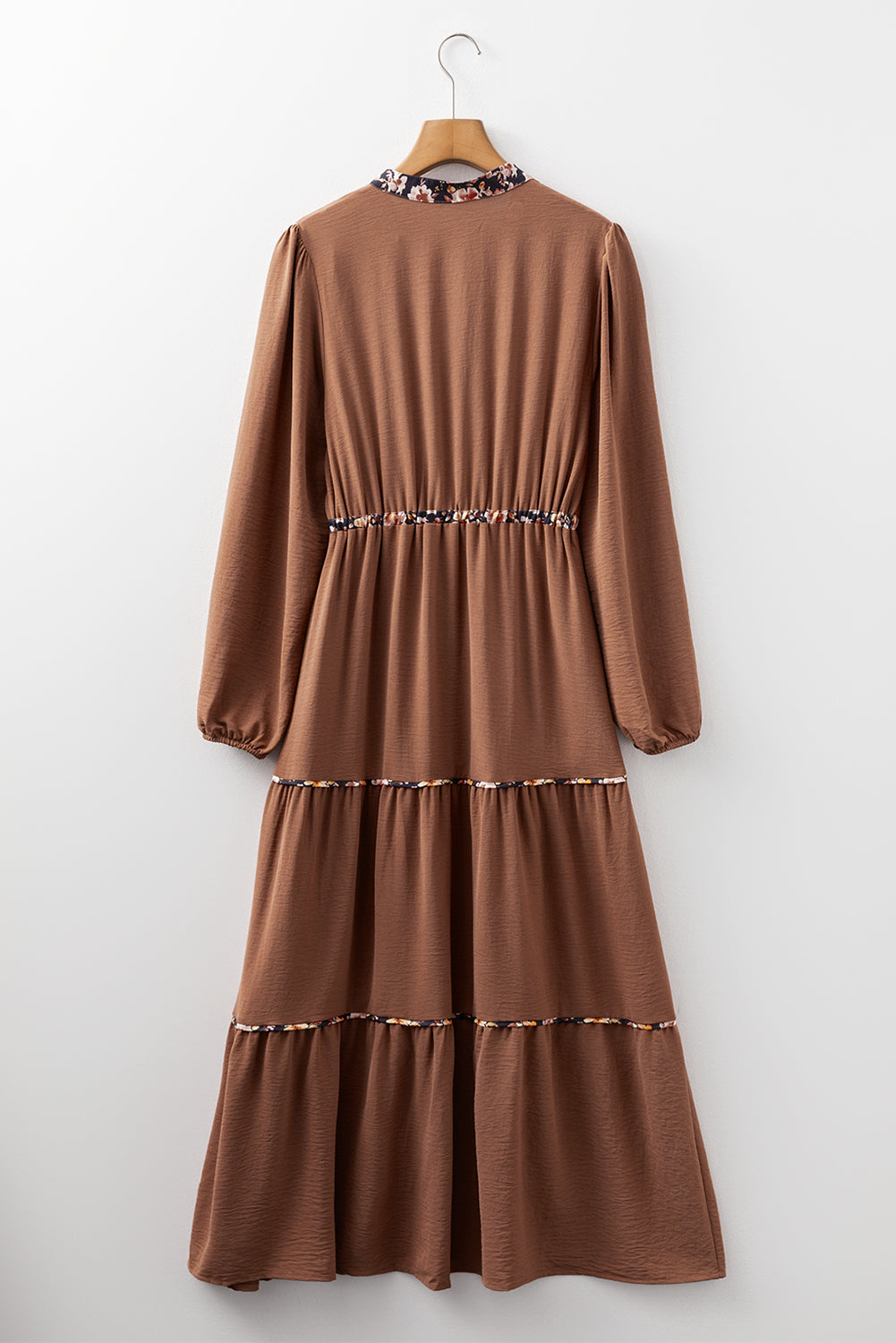 Chestnut floral patchwork detail maxi dress with notched neckline and long sleeves by Dear-Lover Dropshipping.