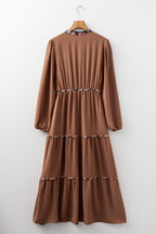 Chestnut floral patchwork detail maxi dress with notched neckline and long sleeves by Dear-Lover Dropshipping.