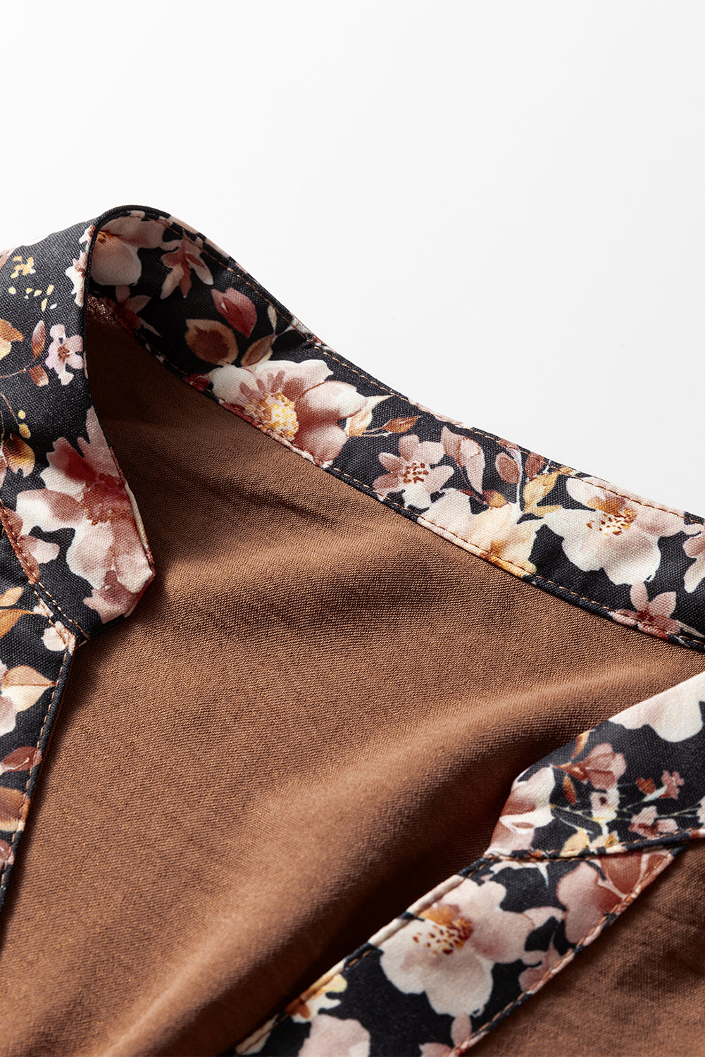 Chestnut floral patchwork maxi dress by Dear-Lover with notched neck and long sleeves, made of 100% polyester.