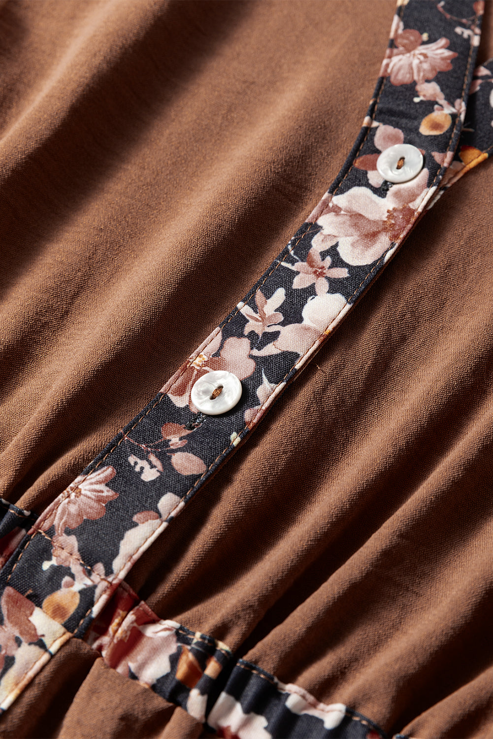 Chestnut floral patchwork detail maxi dress with notched neckline and long sleeves by Dear-Lover, made of 100% polyester.