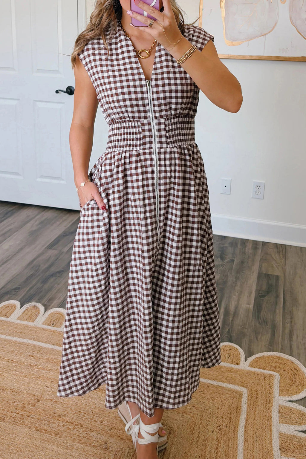 Coffee plaid print sleeveless maxi dress with full zipper, cinched waist, fit flare style, by Dear-Lover Dropshipping.
