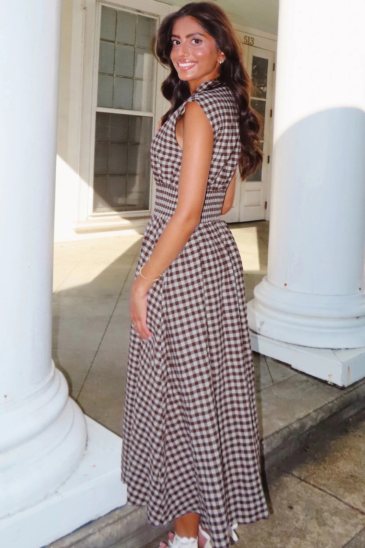 Dear-Lover sleeveless maxi dress with coffee plaid print, full zipper, cinched waist, fit and flare style, cotton-polyester blend.