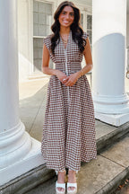 Dear-Lover coffee plaid sleeveless maxi dress with full zipper, cinched waist, fit and flare silhouette, made of cotton and polyester.