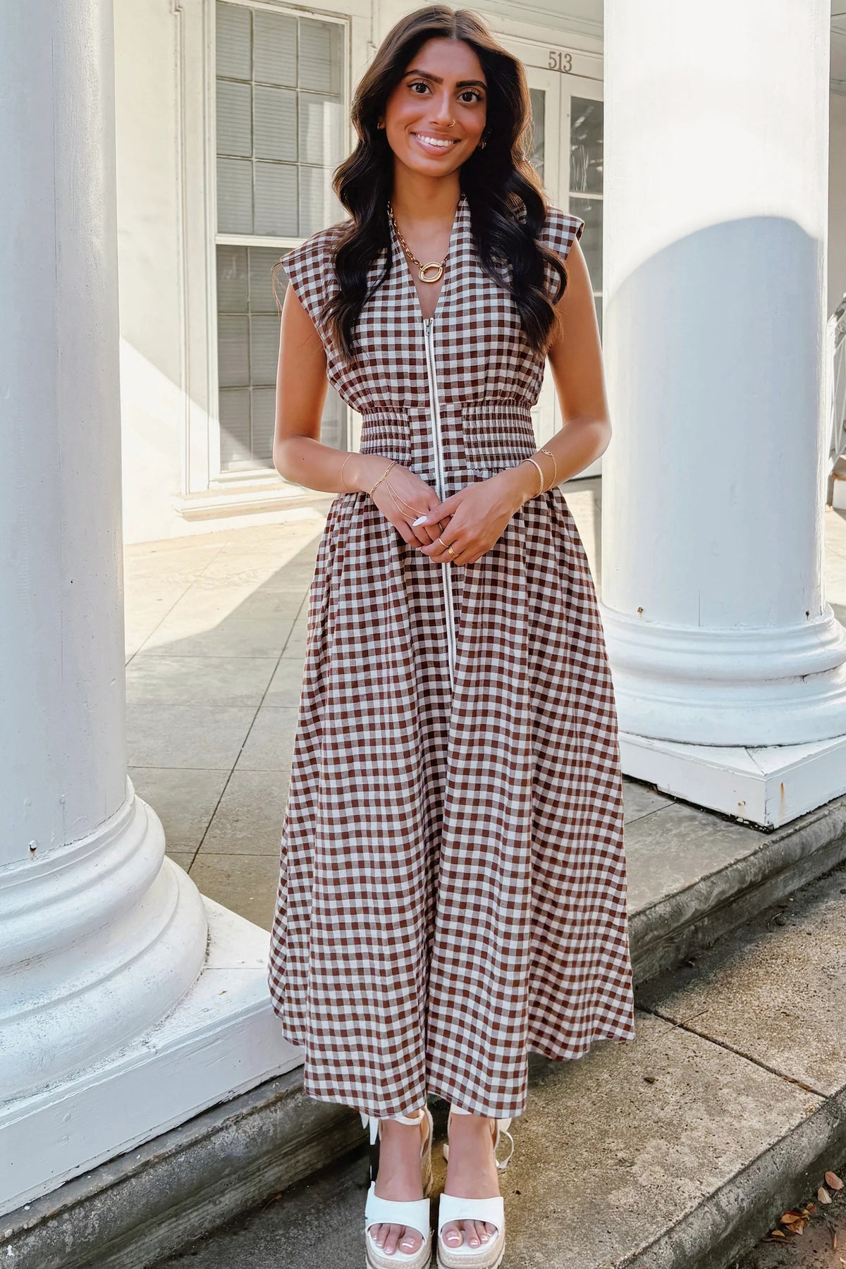 Dear-Lover coffee plaid sleeveless maxi dress with full zipper, cinched waist, fit and flare silhouette, made of cotton and polyester.
