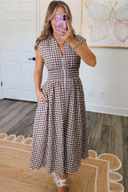Dear-Lover sleeveless maxi dress with coffee plaid print, full zipper, cinched waist, fit and flare style, perfect for casual wear.
