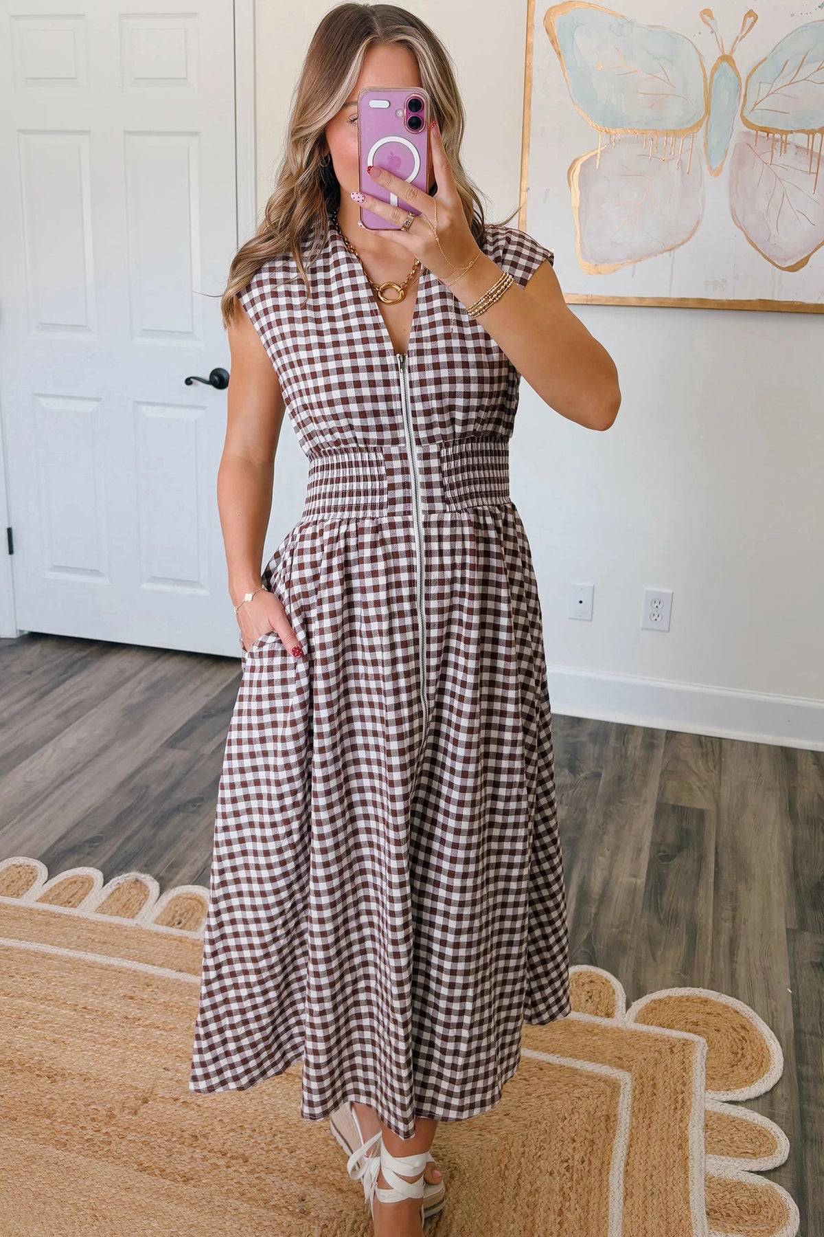 Dear-Lover sleeveless maxi dress with coffee plaid print, full zipper, cinched waist, fit and flare style, perfect for casual wear.