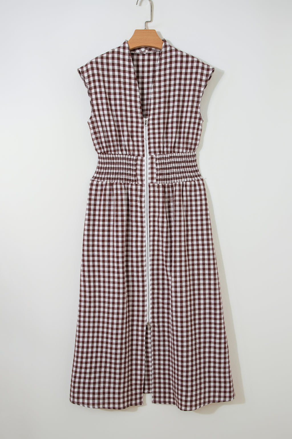 Dear-Lover sleeveless maxi dress with coffee plaid print, full zipper, cinched waist, fit flare style, made of cotton-polyester blend.
