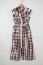 Dear-Lover sleeveless maxi dress with coffee plaid print, full zipper, cinched waist, fit flare style, made of cotton-polyester blend.