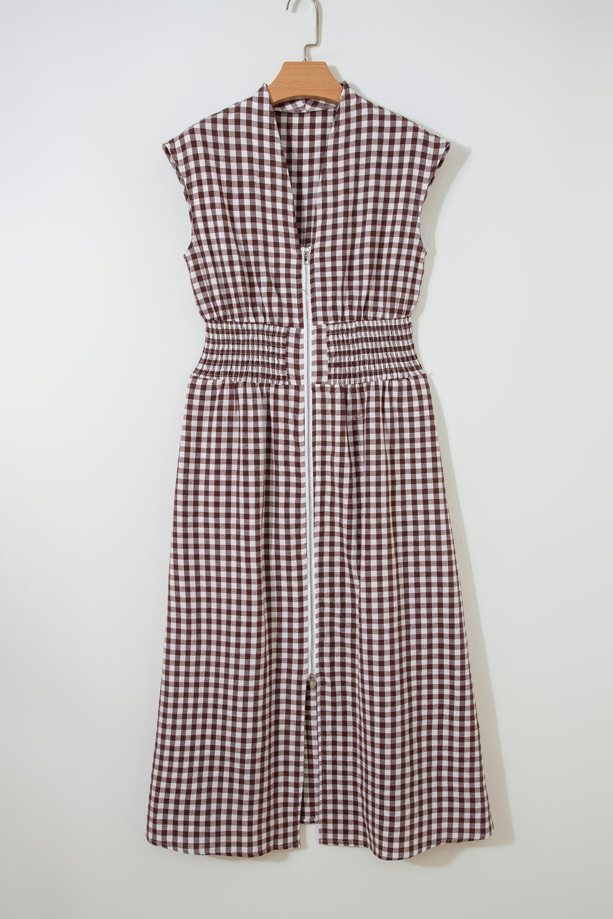 Dear-Lover sleeveless maxi dress with coffee plaid print, full zipper, cinched waist, fit flare style, made of cotton-polyester blend.
