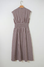 Dear-Lover sleeveless maxi dress with coffee plaid print, full zipper, cinched waist, fit flare style, made of cotton and polyester.