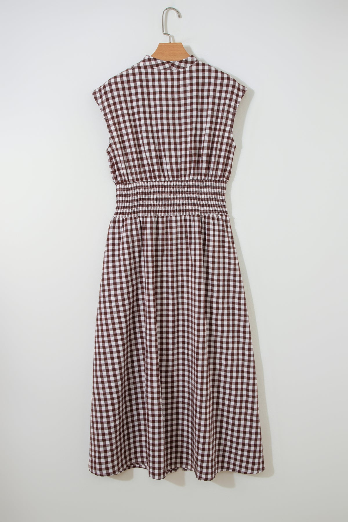 Dear-Lover sleeveless maxi dress with coffee plaid print, full zipper, cinched waist, fit flare style, made of cotton and polyester.