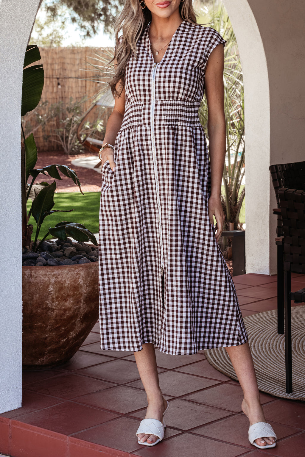 Dear-Lover sleeveless maxi dress with coffee plaid print, full zipper, cinched waist, fit flare, made of cotton and polyester.