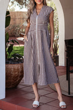 Dear-Lover sleeveless maxi dress with coffee plaid print, full zipper, cinched waist, fit flare, made of cotton and polyester.