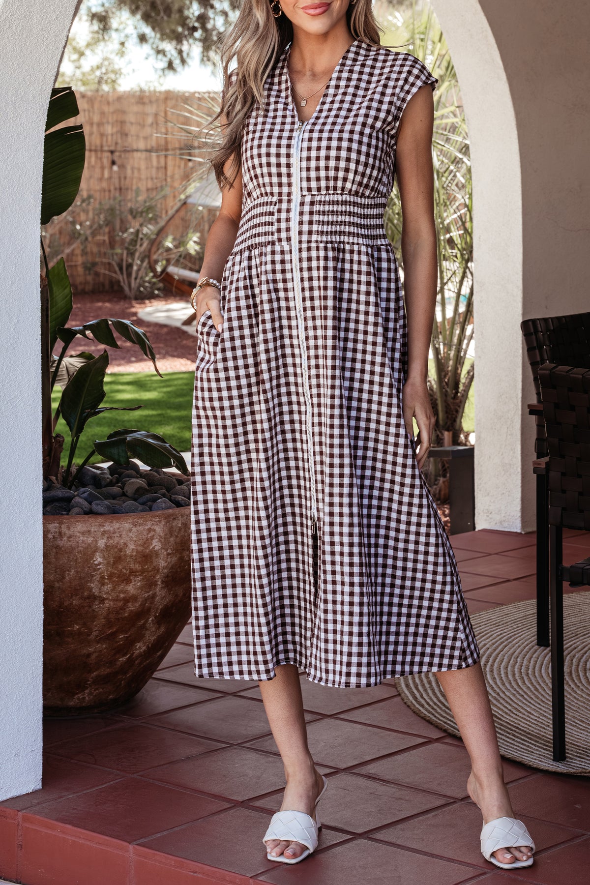 Dear-Lover sleeveless maxi dress with coffee plaid print, full zipper, cinched waist, fit flare, made of cotton and polyester.