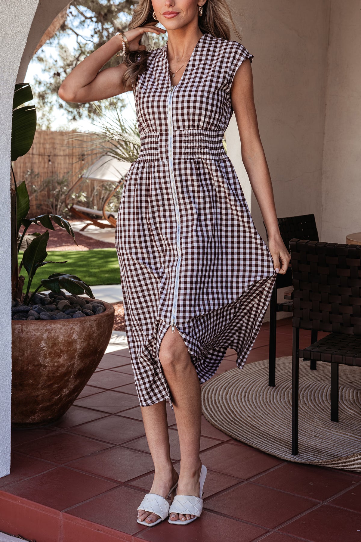 Dear-Lover plaid print sleeveless maxi dress with full zipper, cinched waist, fit flare style, made of cotton and polyester fabric.