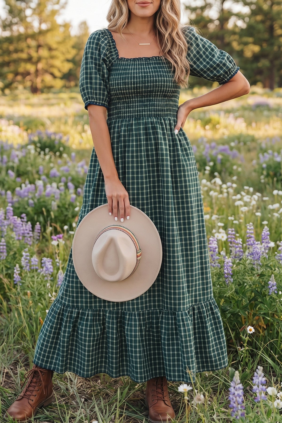 Green plaid maxi dress with square neckline, shirred bodice, high waist, and ruffle hem, by Dear-Lover Dropshipping.