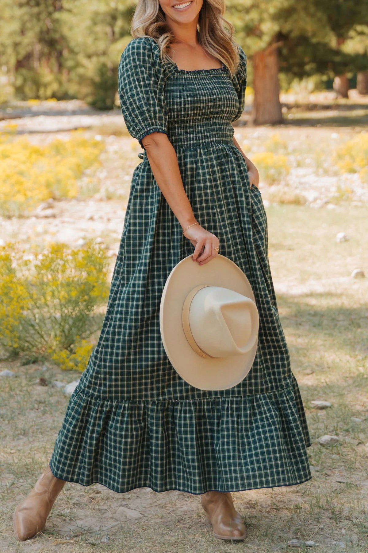 Green plaid square neck maxi dress by Dear-Lover with shirred high waist and ruffle hem, made of 100% cotton.
