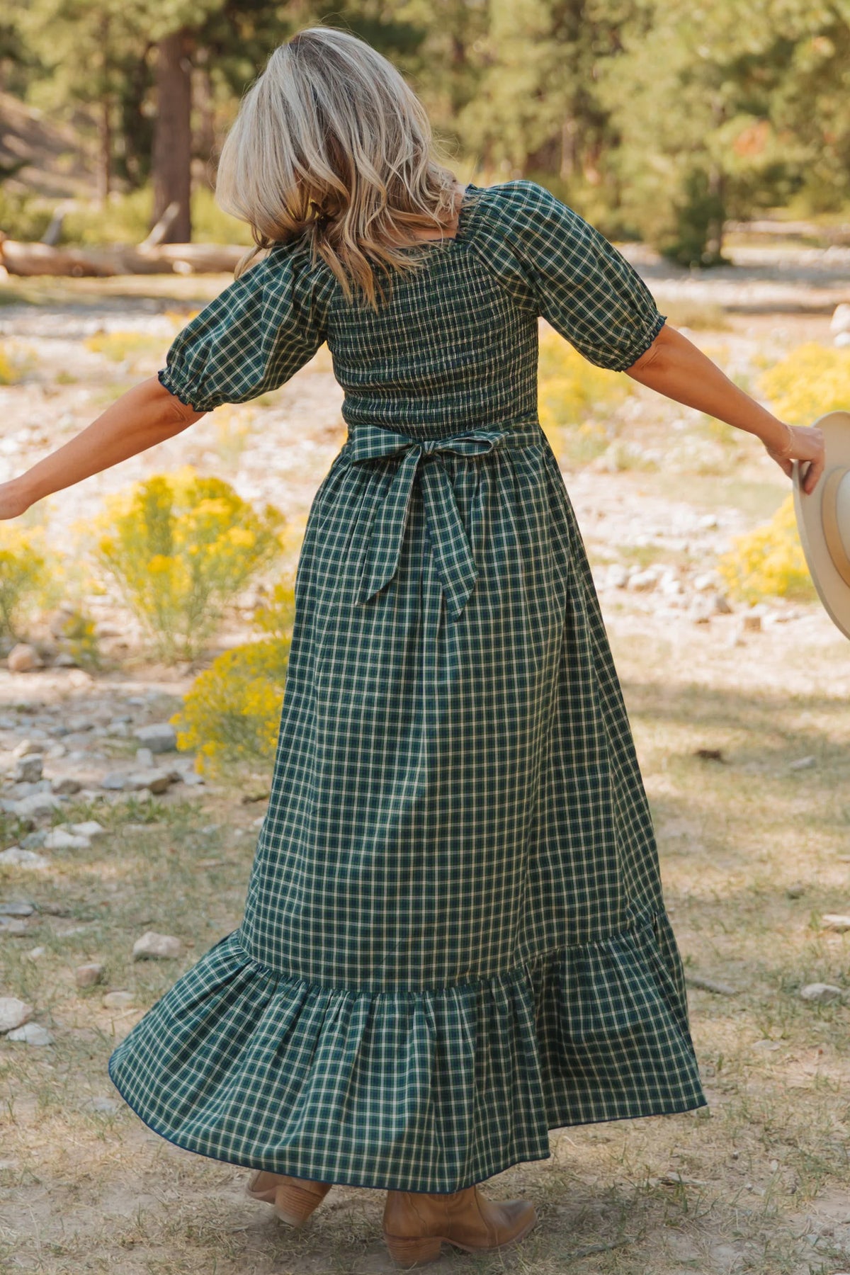 Green plaid maxi dress by Dear-Lover with square neck, shirred bodice, high waist, and ruffle hem, perfect for casual or summer wear.