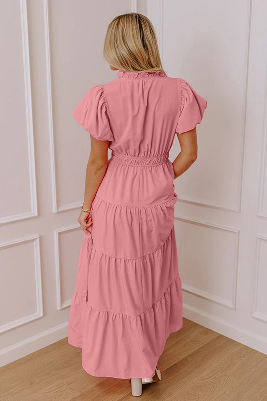 Lavender solid color V-neck maxi dress by Dear-Lover with short puff sleeves, high waist, and tiered design, made of 100% polyester.