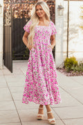 Pink floral maxi dress with smocked bodice, puff sleeves, and flowy silhouette from Dear-Lover. Perfect for spring and summer.