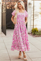 Pink floral maxi dress with smocked bodice, puff sleeves, and flowy silhouette from Dear-Lover. Perfect for spring and summer.