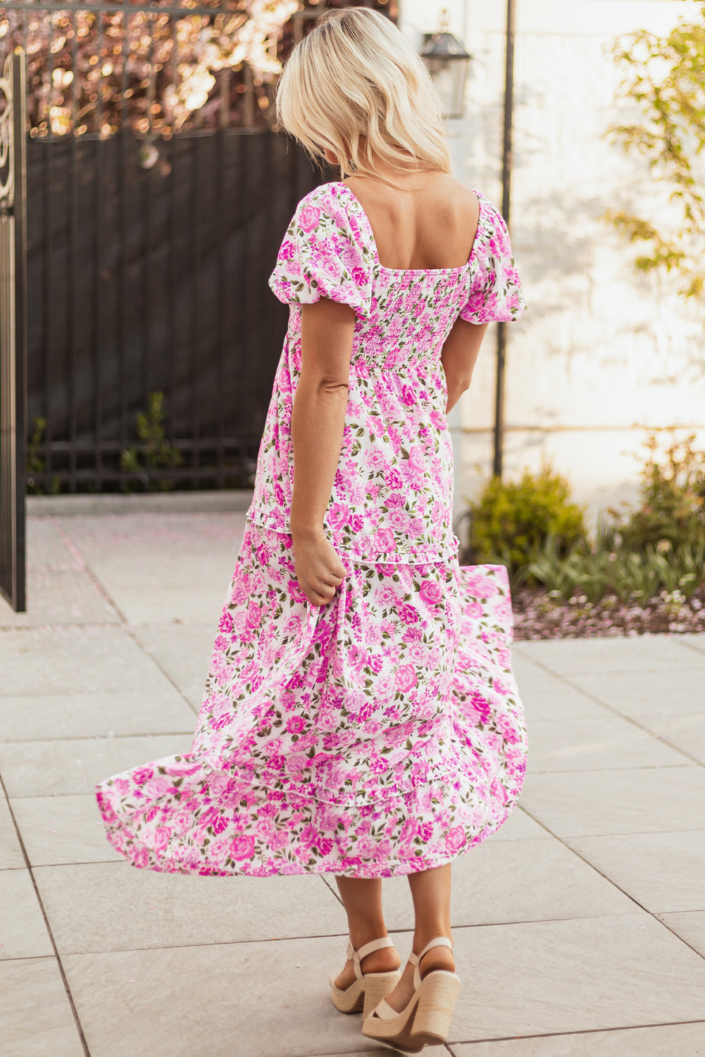 Pink floral maxi dress with smocked bodice and puff sleeves, flowy and elegant, by Dear-Lover Dropshipping.
