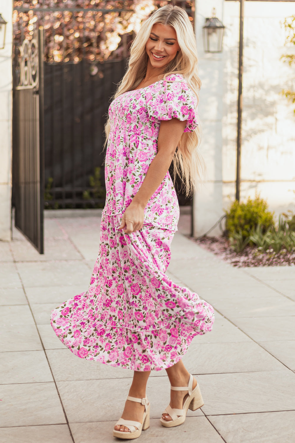 Pink dainty floral maxi dress with smocked bodice, puff sleeves, and flowy long skirt from Dear-Lover.