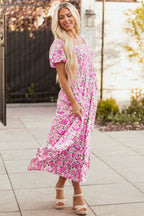 Pink floral maxi dress with smocked bodice, puff sleeves, and flowy length from Dear-Lover, perfect for casual or summer wear.
