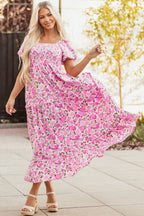 Pink floral smocked puff sleeve maxi dress by Dear-Lover, flowy long dress with dainty floral pattern and elegant puff sleeves.